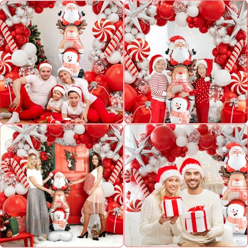 Christmas Balloon Garland Arch kit with Red White Silver Balloons, Confetti Balloons, Candy, Cane, Explosion-Star, Gift Box, santa-claus elk snowman combo Foil Balloons for Xmas Party Decorations