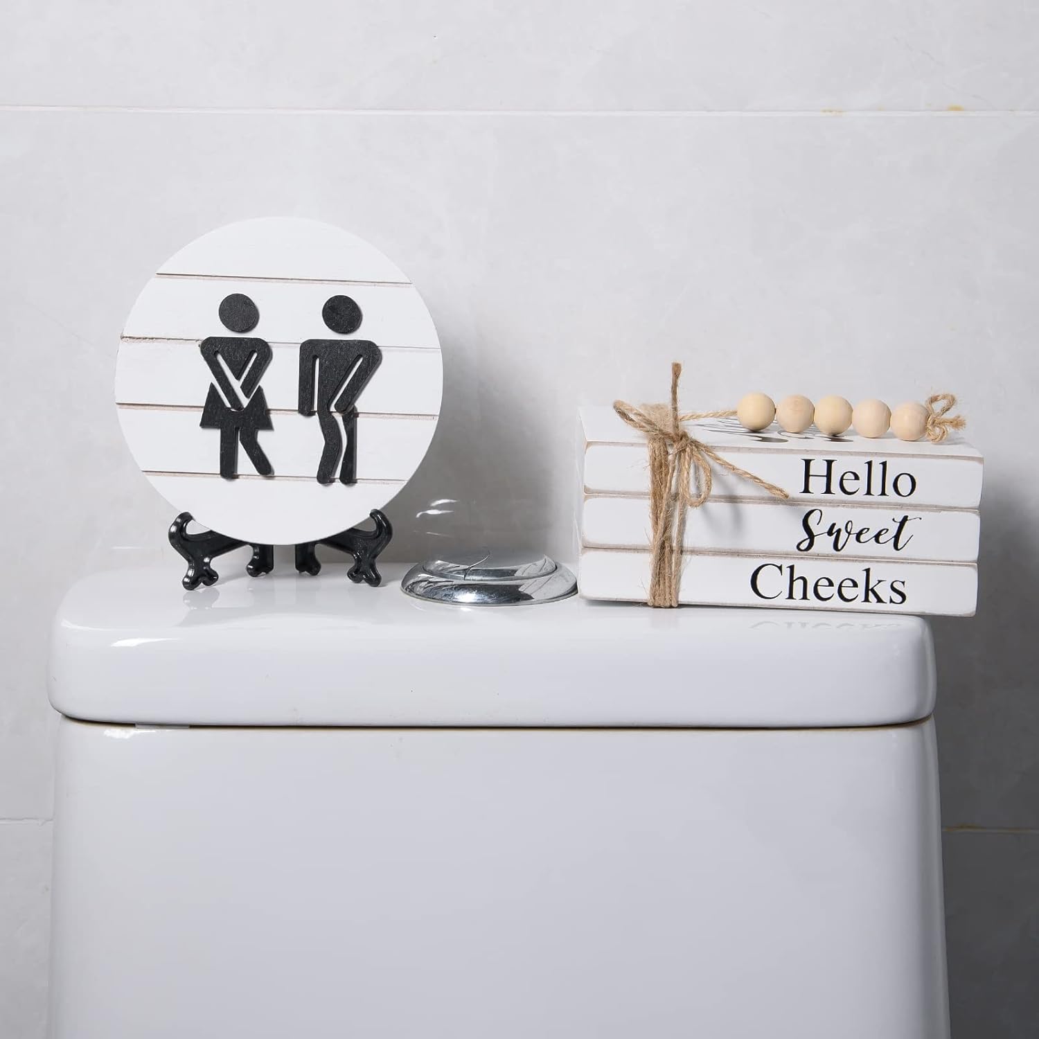 Farmhouse Funny Bathroom Signs - 3D Round Shiplap Signs And Book Stack - Hello Sweet Cheeks - Rustic Decor For Restroom Shelf