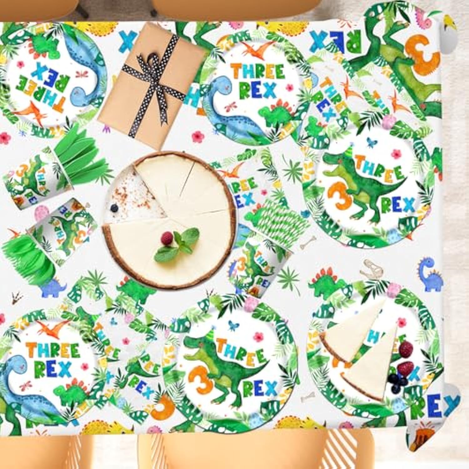 214Pcs Three Rex Birthday Decorations Tableware Boy,Dinosaur Paper Plates And Napkins For Birthday Party,12 Balloons,Banner,Tablecloth,Cups,Trex Dinosaur Theme 3 Year Old Boy Party Supplies,Serve 24