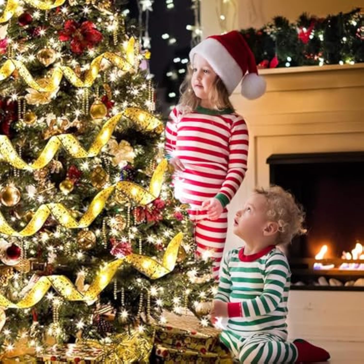Christmas Tree Decorations ?Christmas Tree Ribbon String Ribbon Lights Gold 32Ft 100 Led Lights Copper Wire Bows Lights