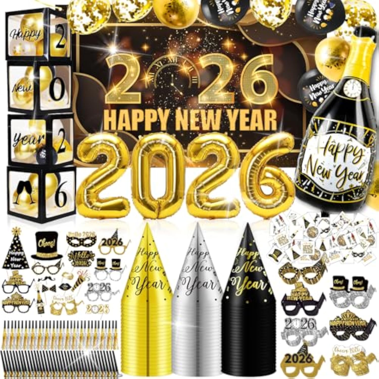 New Year’s Eve 2026 Party Supplies Kit for 100 Guests Balloons Hats Glasses Props