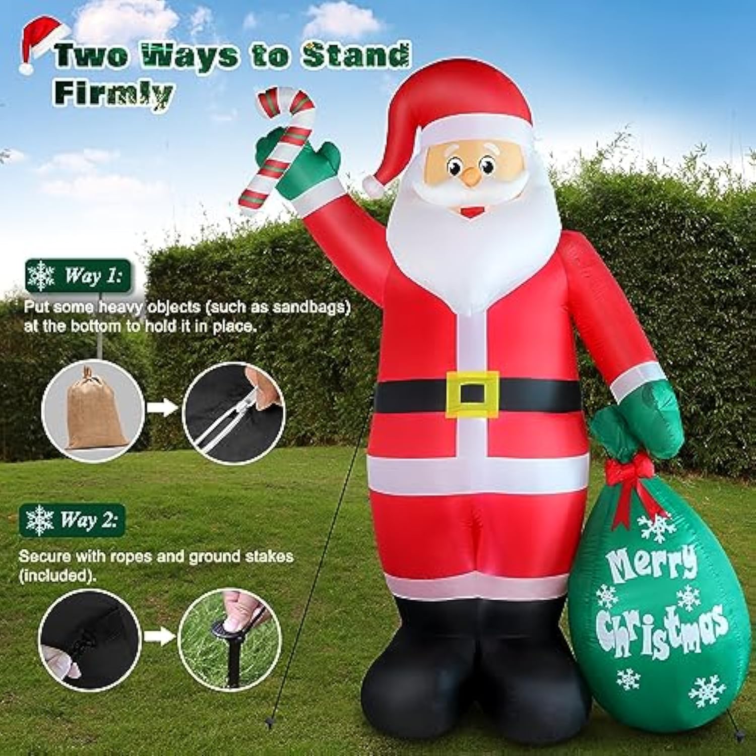 8 Ft Christmas Inflatable Santa Claus With Candy And Big Gift Bag Outdoor Decor, Blow Up Ip44 Weatherproof Xmas Decorati