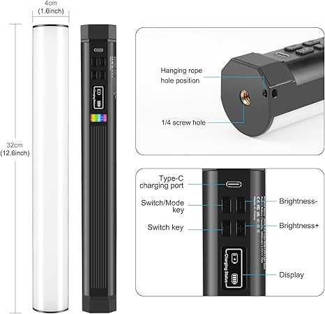 Magnetic Handheld Light Wand 11.8 Inch Rechargeable Dimmable Tube Light for TikTok YouTube Vlogs
