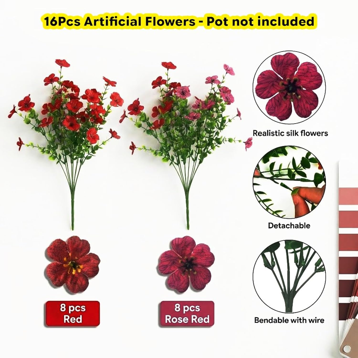 Artificial Flowers For Outdoors – Realistic Faux Silk Flowers For Garden Patio Home Weddings Décor, Yard Planters, 16 Bundles Uv Resistant Fake Flowers(Red & Rose Red)