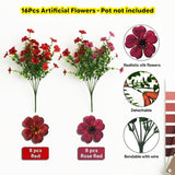 Artificial Flowers For Outdoors – Realistic Faux Silk Flowers For Garden Patio Home Weddings Décor, Yard Planters, 16 Bundles Uv Resistant Fake Flowers(Red & Rose Red)