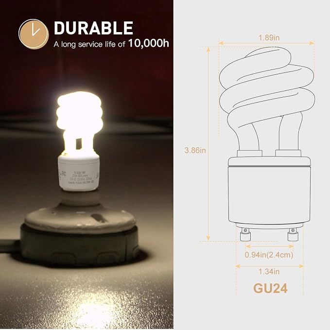 GU24 CFL Light Bulbs T3 13W 2700K Warm White 900 Lumens Spiral Compact Fluorescent 2 Pack