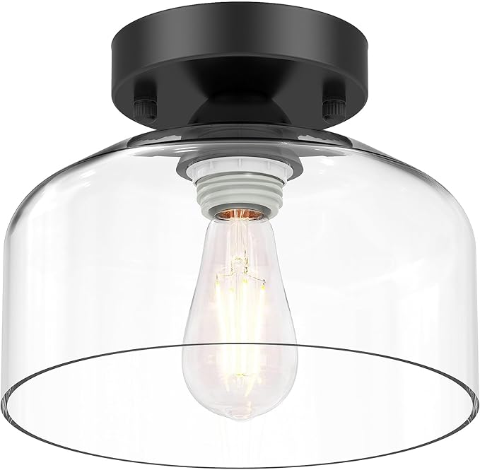 Semi Flush Mount Ceiling Light Matte Black Clear Glass Farmhouse Pendant Fixture