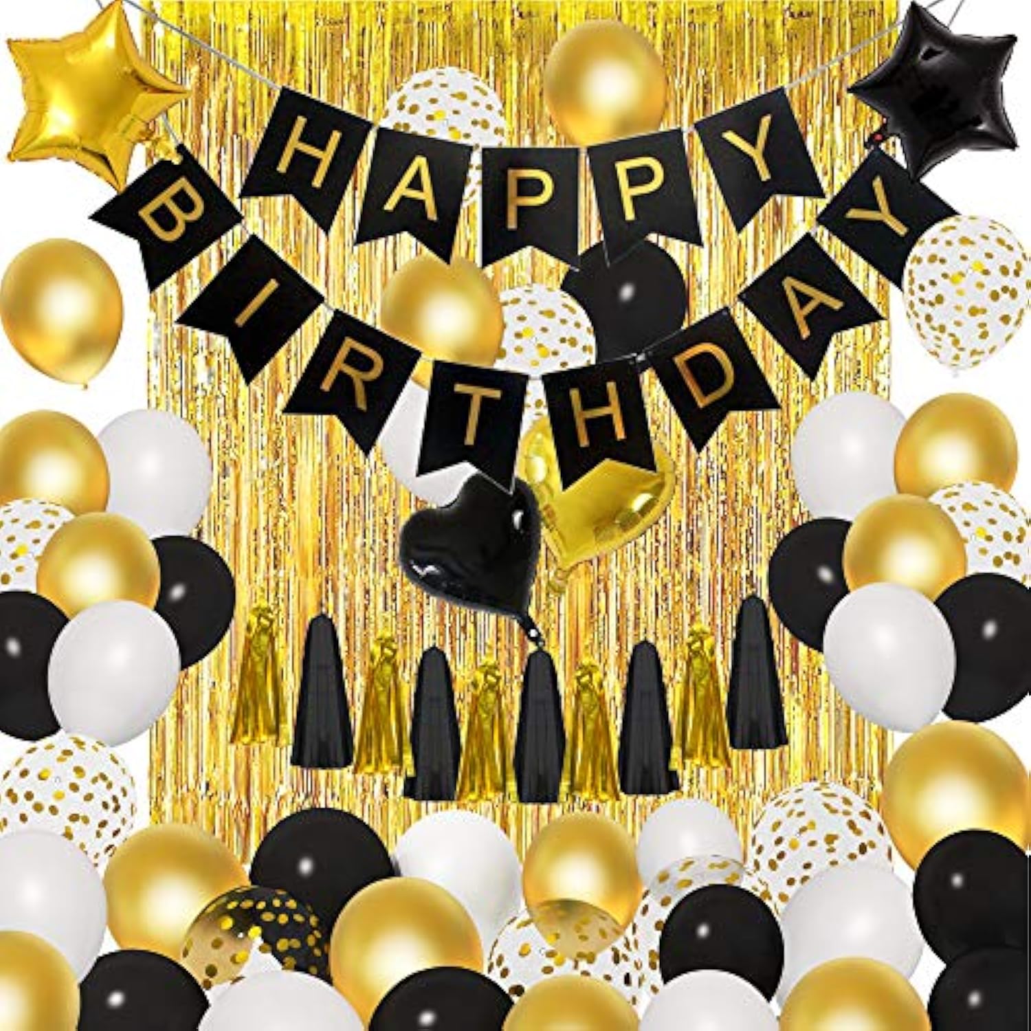 Birthday Decorations For Men Women Black And Gold Balloons Party Decorations Happy Birthday Banner Tassels Metallic Fringe Curtains 30Th 40Th 50Th 70Th Birthday Graduation Decorations Supplies