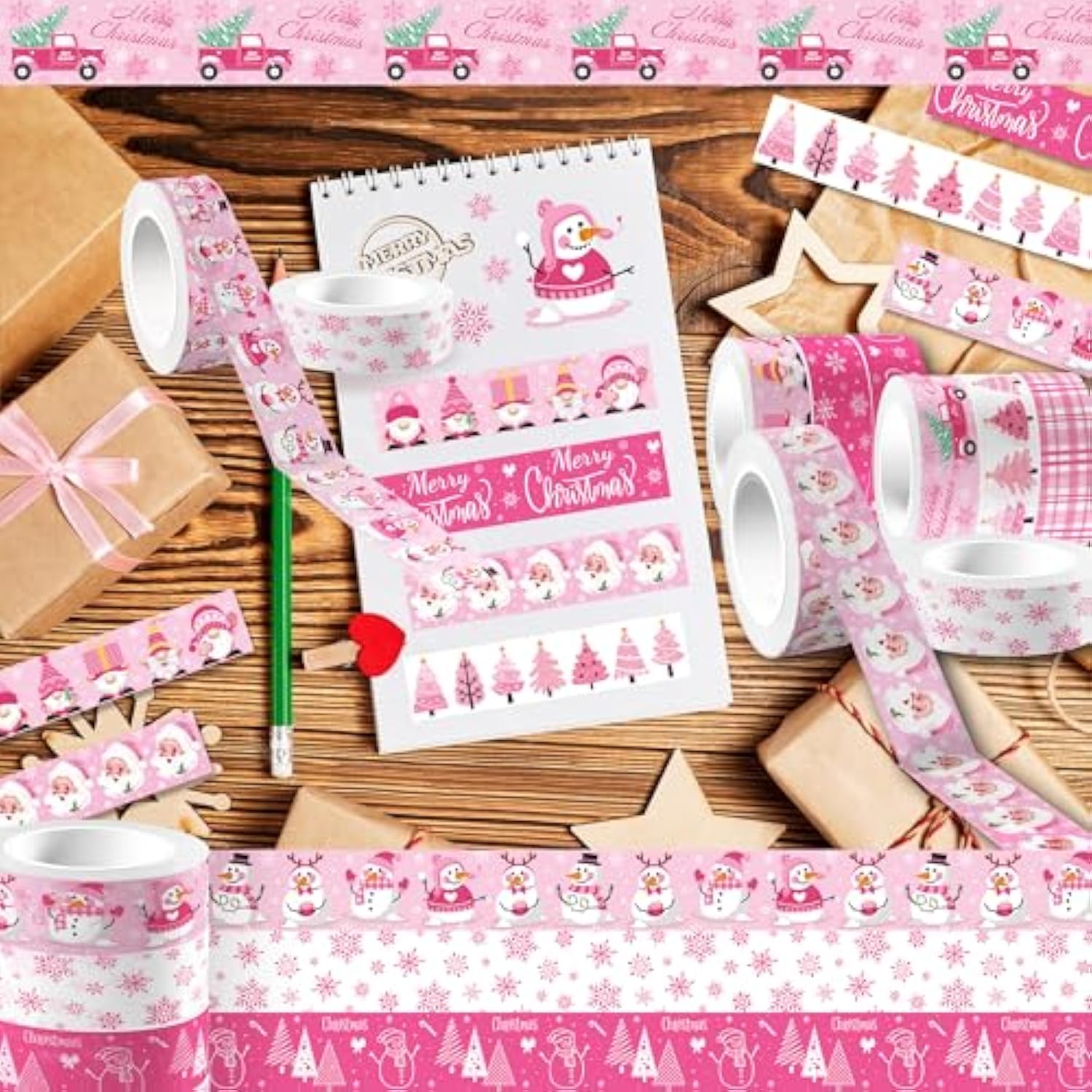 12 Rolls Pink Christmas Washi Tape Christmas Tree Snowman Santa Claus Snowflake Candy Cane Patterned Masking Tape For Scrapbook Journal Gift Wrapping Craft Supplies