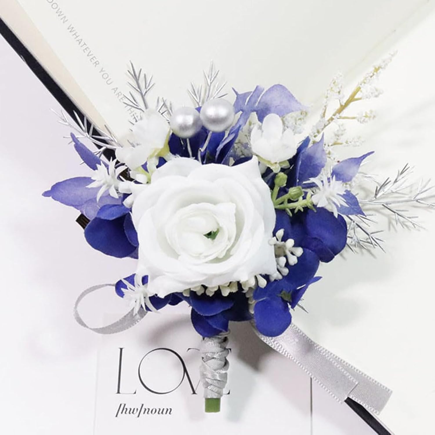 Wrist Corsage And Boutonniere Set For Prom Homecoming Wedding Party Celebration Artificial Flowers Accessories Suit Decor 2 Pieces - White+Navy Blue