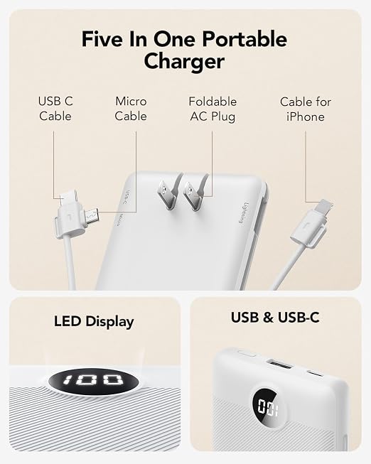 10000mAh USB C Power Bank with Built In Cables AC Wall Plug Portable Phone Charger White