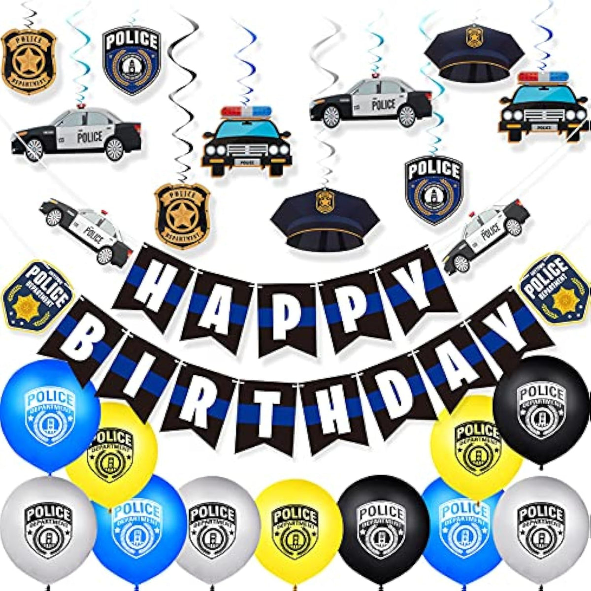 32 Pieces Police Party Decorations Set Police Academy Graduation Party Swirls Set Including 20 Latex Balloons 2 Banners 10 Hanging Swirls Birthday Decorations