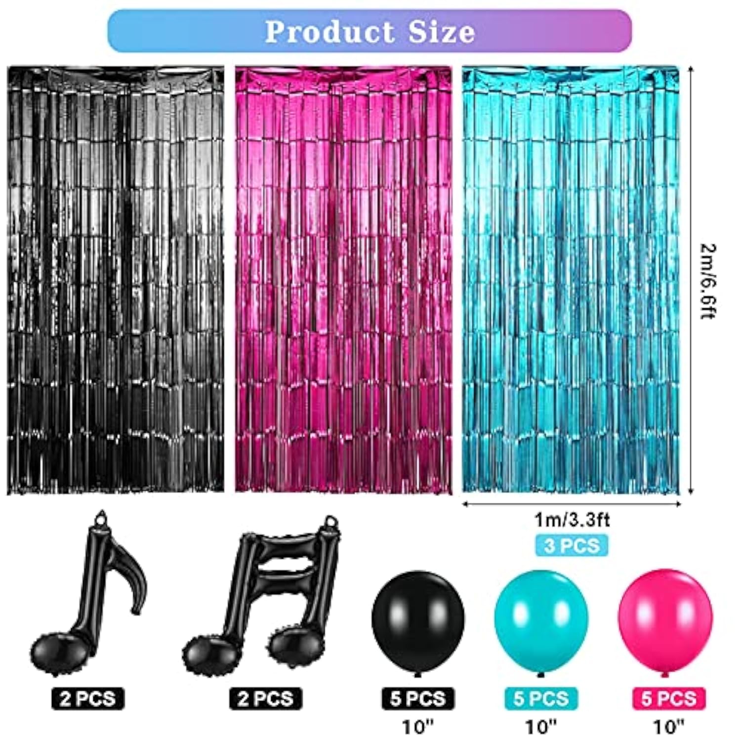 Music Birthday Party Decor Set: Tinsel Curtains & Music Note Balloons