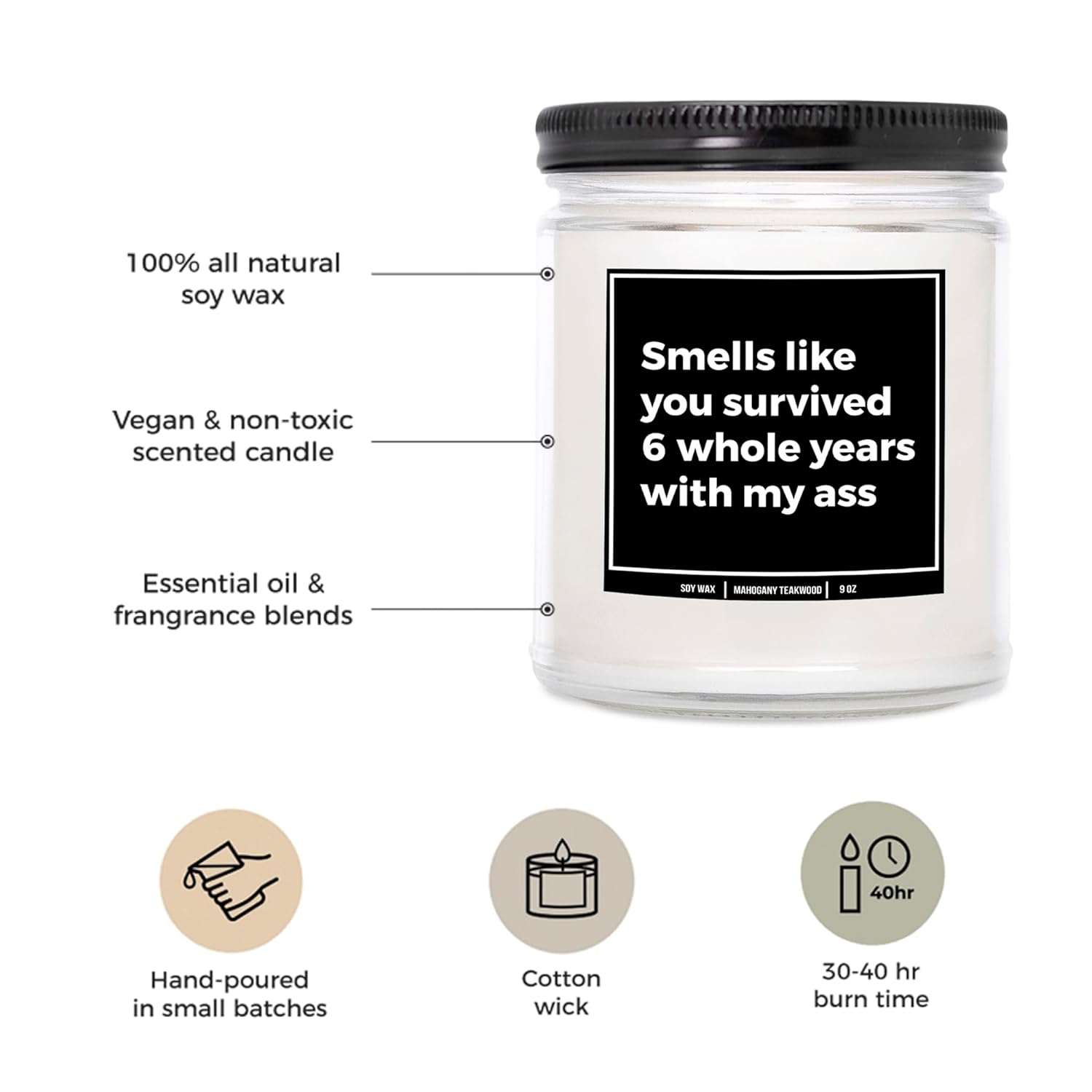 You Nique Designs 6Th Wedding Anniversary Candle For Him & Her 9Oz Candle, Iron Gift Ideas, 6 Year Wedding Gift For Husband & Wife - 6 Years Anniversary Ideas (Mahogany Teakwood)