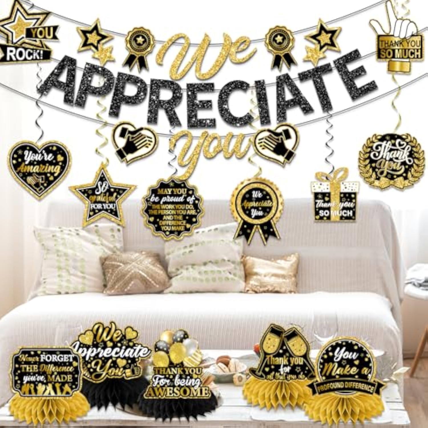 We Appreciate You Decorations, Black Gold Thank You Decorations Includes We Appreciate You Banner And Employee Appreciation Table Decorations And Hanging Swirls For Pastor Appreciation Decorations