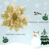 10 Pcs Christmas Artificial Flowers With Clips Stems Xmas Tree Decoration Glitter 5.5Inch Poinsettias Faux Christmas Flower For Wreath Garland New Year Wedding Home Party Ornament, (Gold)