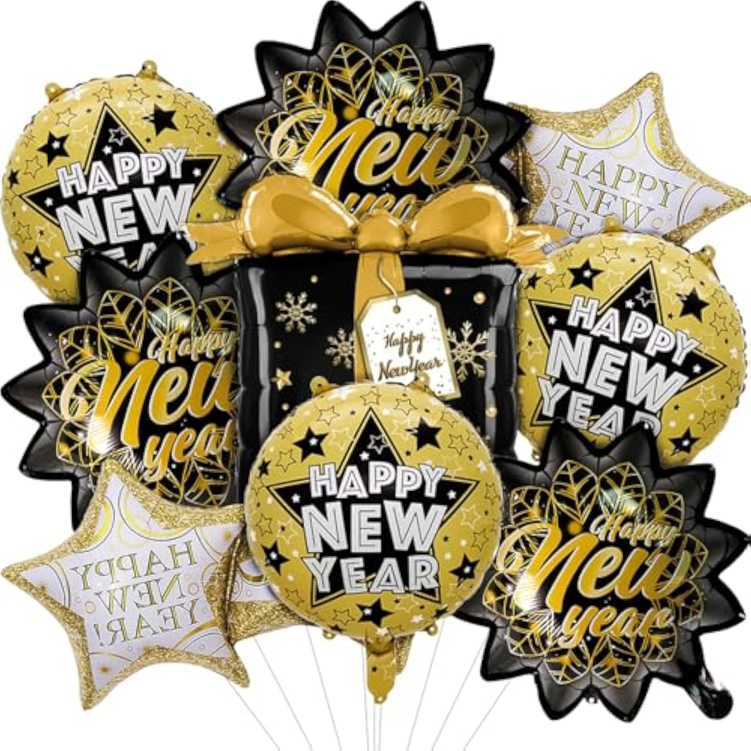 9pc Black Gold New Year 2026 Balloons Shooting Star Leaf Foil Decorations