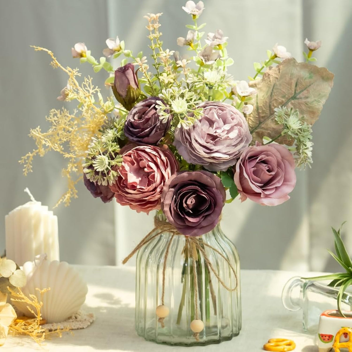 Fake Artificial Flowers With Vase Faux Silk Flower Bouquet In Glass Vase Rose Floral Arrangements Flower For Home Office Decoration, Dining Table Centerpiece (Purple)