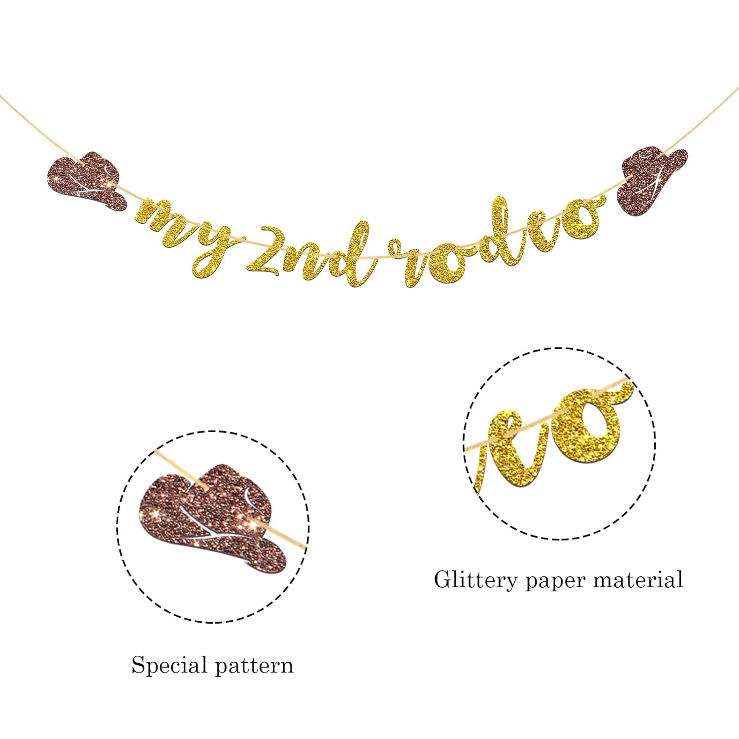 My 2Nd Rodeo Banner, West Theme Baby 2Nd Birthday Garland Bunting, Little Cowboy Cowgirl Two Wild Birthday Banner, Mexican Party Decorations, Gold Glitter