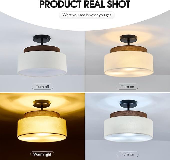 13 Inch Double Drum Semi Flush Ceiling Light Rustic Black 3 Light Fixture