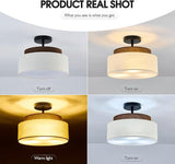 13 Inch Double Drum Semi Flush Ceiling Light Rustic Black 3 Light Fixture