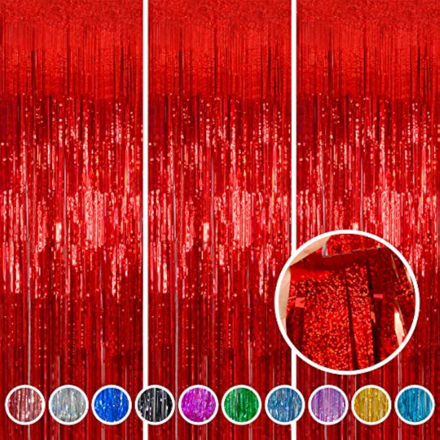 3 Pack Red Foil Fringe Curtains 3.2x8.2ft Party Backdrop for Birthdays & Events