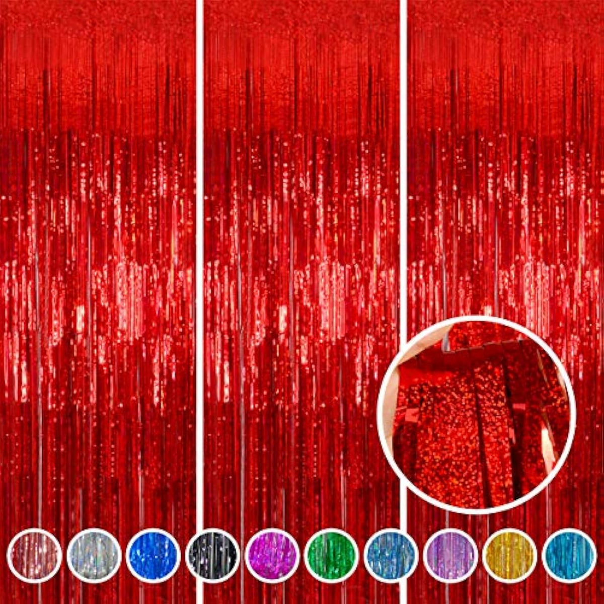 3 Pack Red Foil Fringe Curtains 3.2x8.2ft Party Backdrop for Birthdays & Events