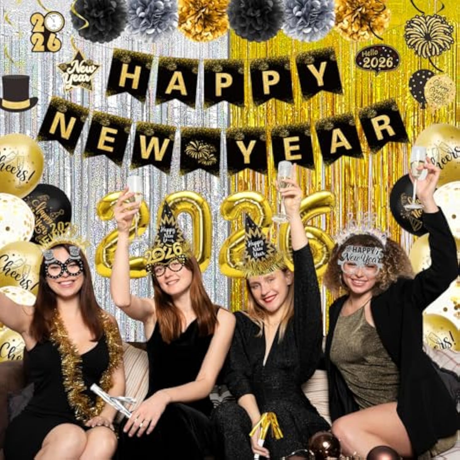 60pc Gold & Black 2026 New Year Party Kit Balloons, Hats & Photo Props