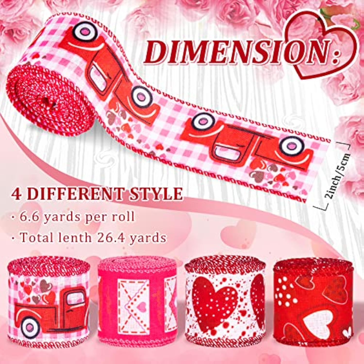 Valentine'S Day Wired Edge Ribbon 26.4 Yards Heart Truck Patterned Cra