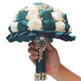 Emerald Green And Ivory Bridal Wedding Bouquet With Gold Brooch Rhinestone Pearl Satin Rose Flower Bouquet For Bride Bridesmaid Quinceanera Wedding Emerald Green And Ivory 7.1In