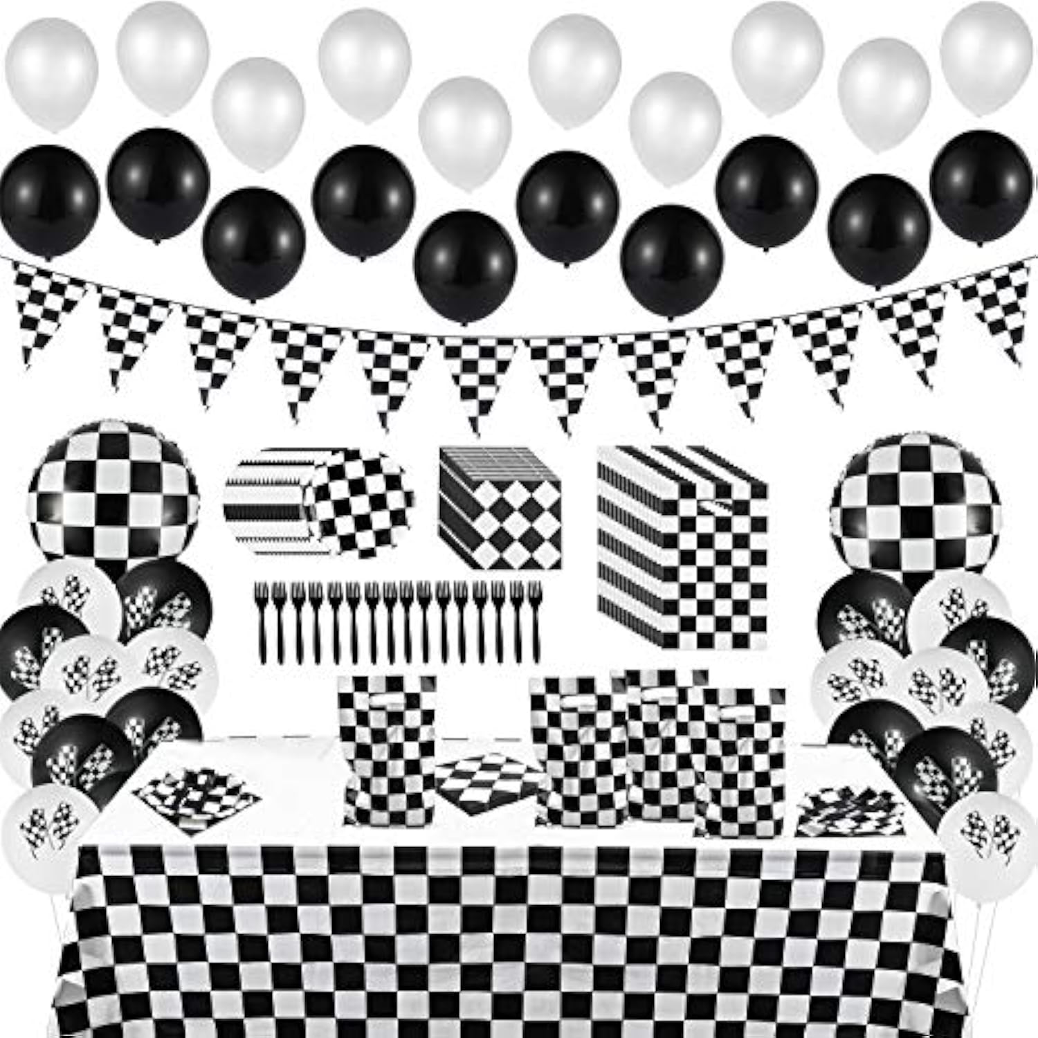 127 Pcs Race Car Checkered Party Kit with Banner, Balloons, Tableware for 20 Guests