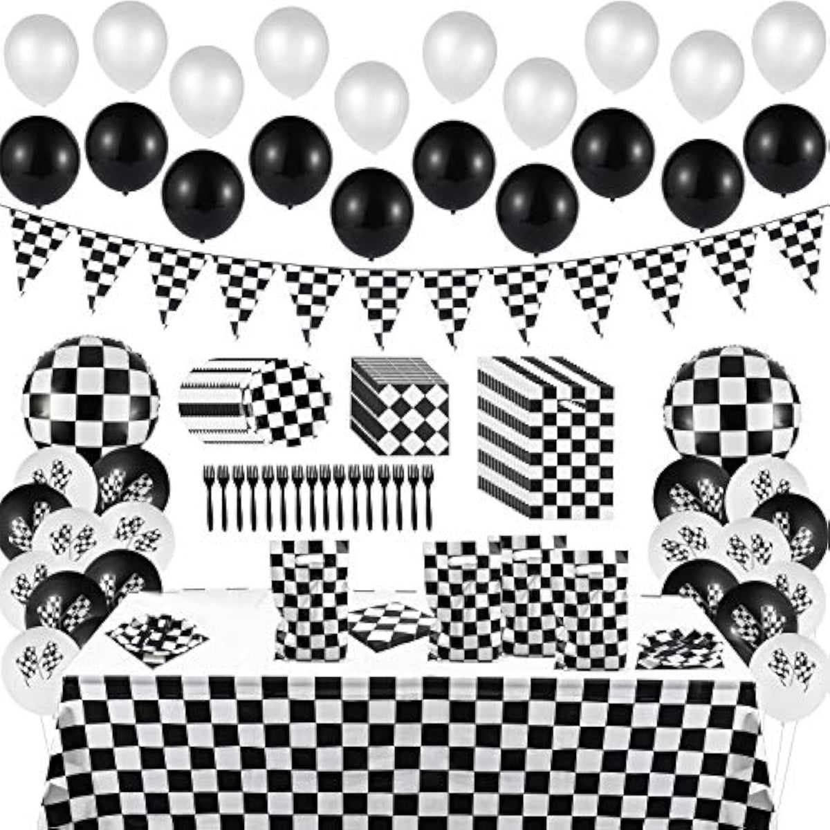 127 Pcs Race Car Checkered Party Kit with Banner, Balloons, Tableware for 20 Guests