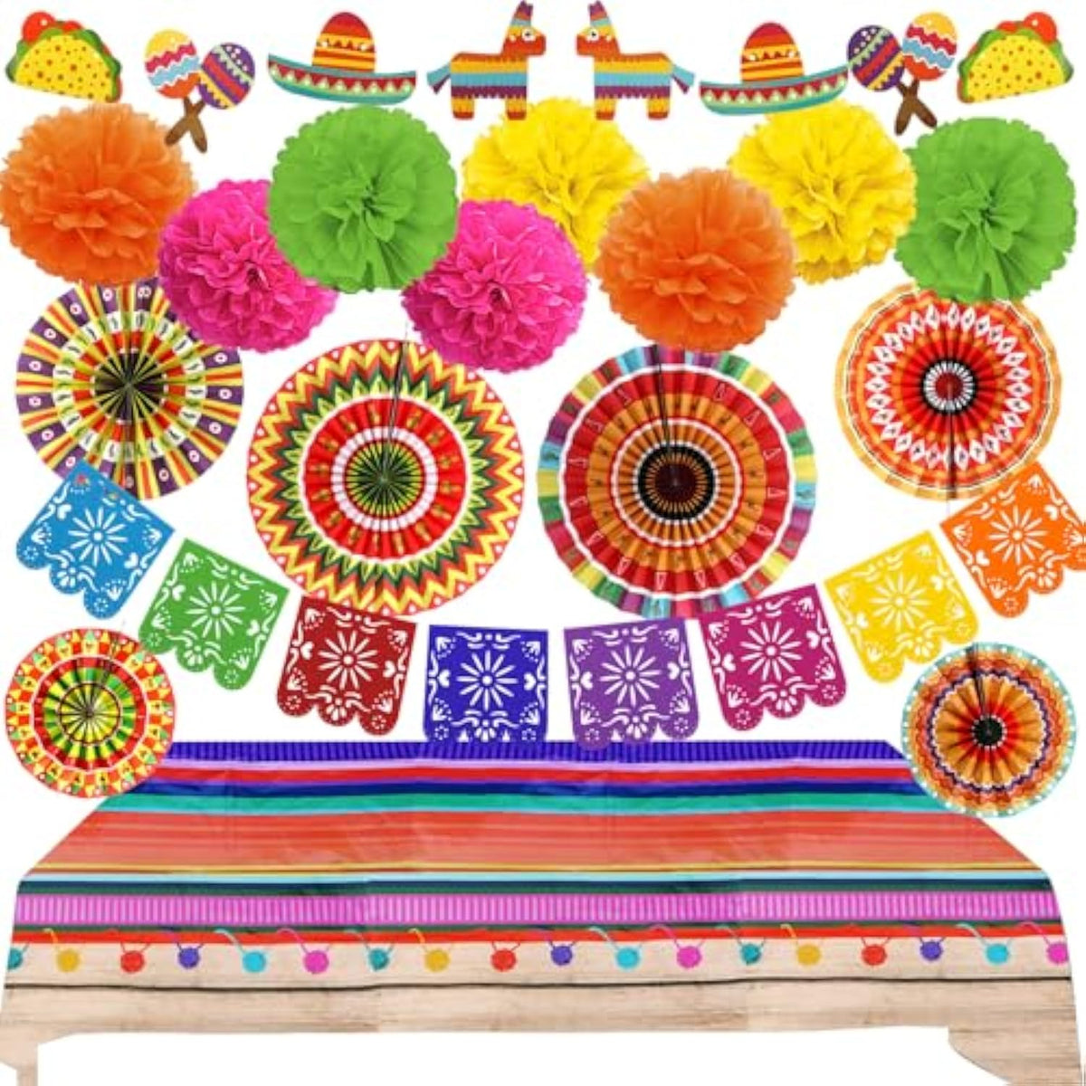 Fiesta Party Decorations, Multicoloured Tablecover Paper Fans Pompoms
