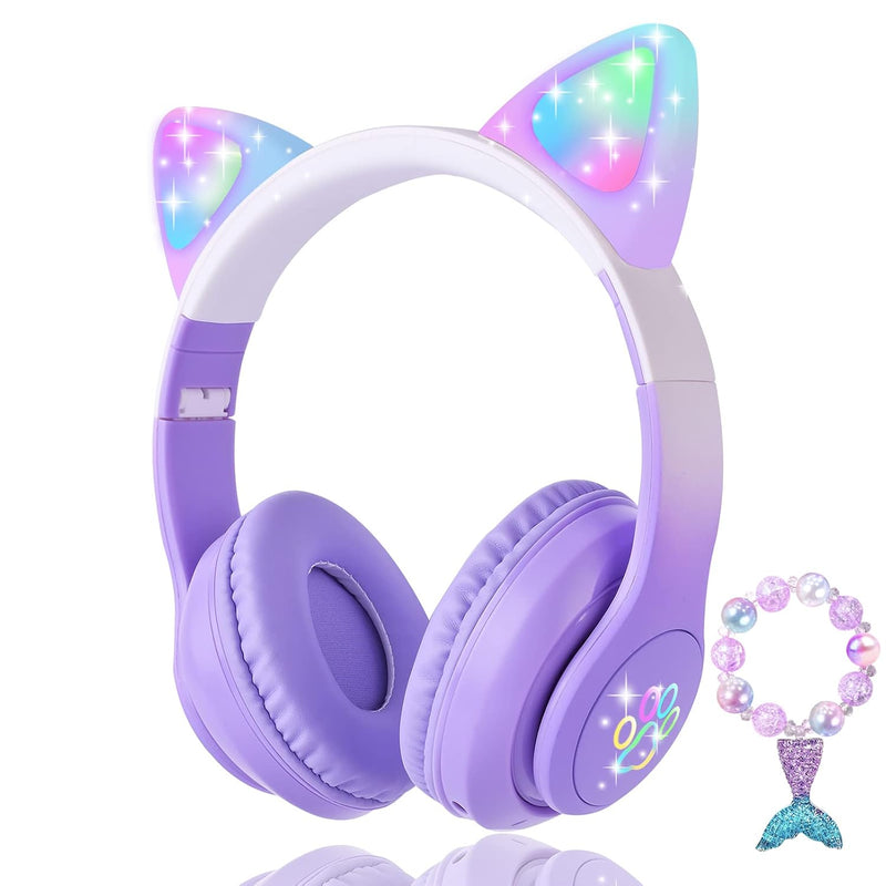 Cat Ear Kids Headphones Bluetooth, Led Light Up Wireless/Wired Mode Over Ear H