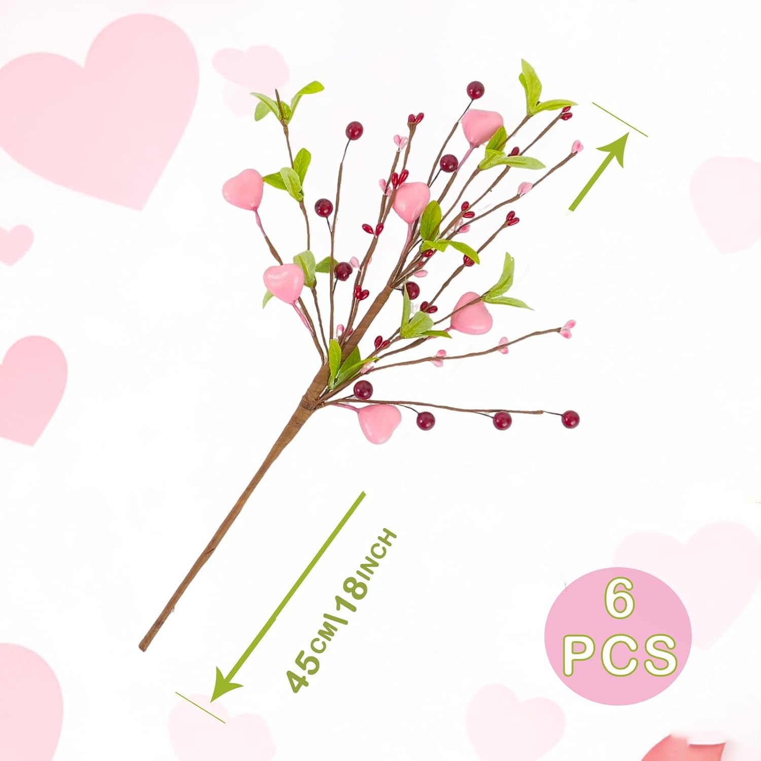 18 Inch 6 Pcs Valentine Pink Heart Berry Green Leaf Branch Vase Decor, For Indoor Table Centerpieces Cabinet Valentine Wedding Anniversary Candlelight Dinner Decor