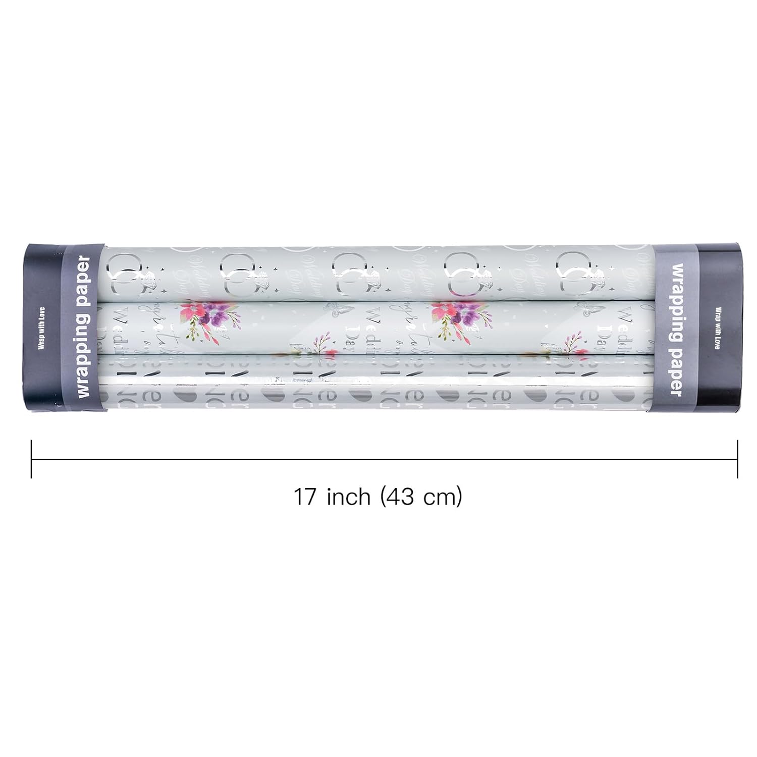 Wedding Wrapping Paper Roll - Mini Roll - 3 Rolls - 17 Inch X 120 Inch Per Roll - Silver Foil Diamond Ring And Floral Design For Celebration, Party, Holiday