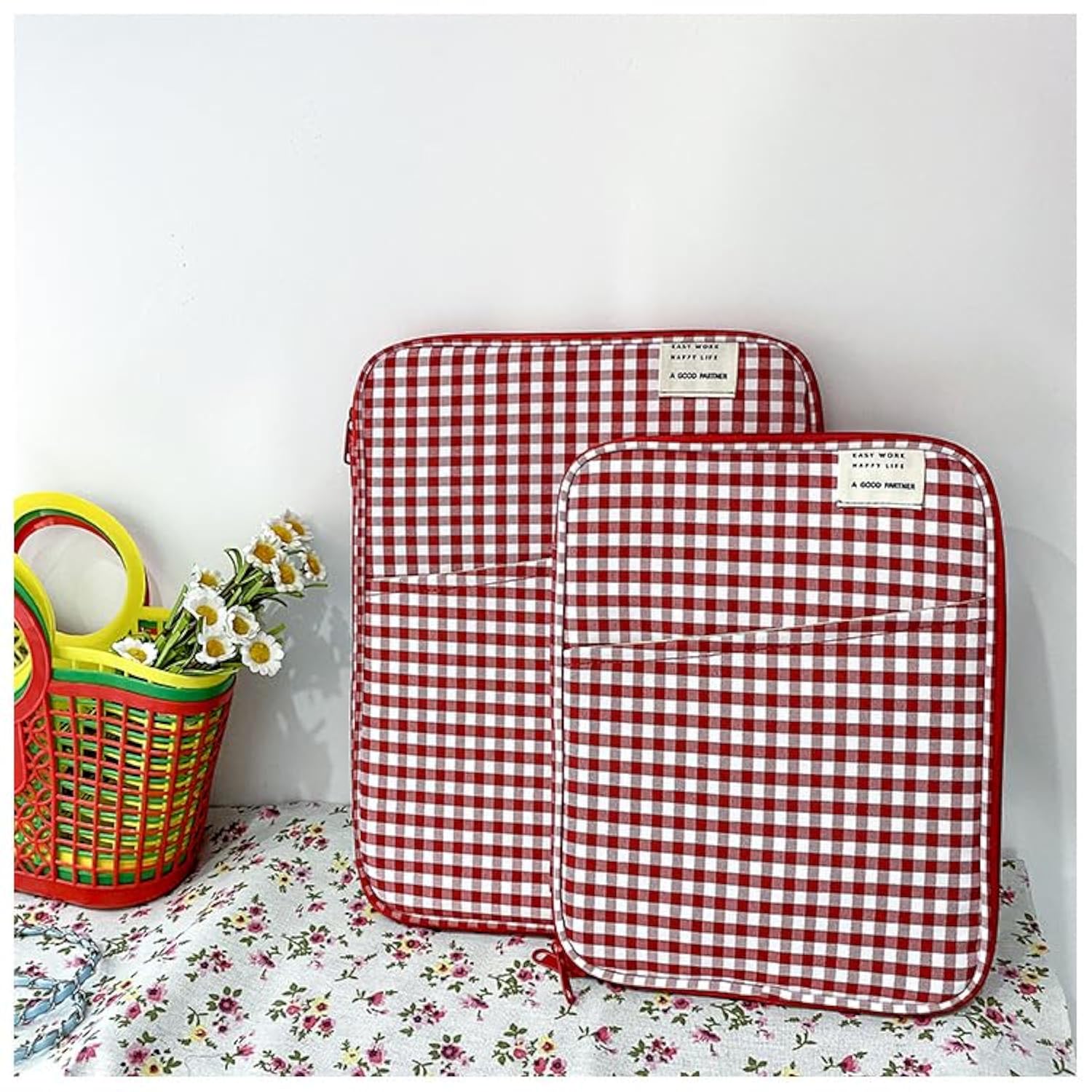 Gingham Puffy Laptop Sleeve 11-13 Inch Y2K Coquette Carrying Laptop Bag Fairycore Cover Pouch Sleeve Computer Liner Bag (13-14 Inch,Red)