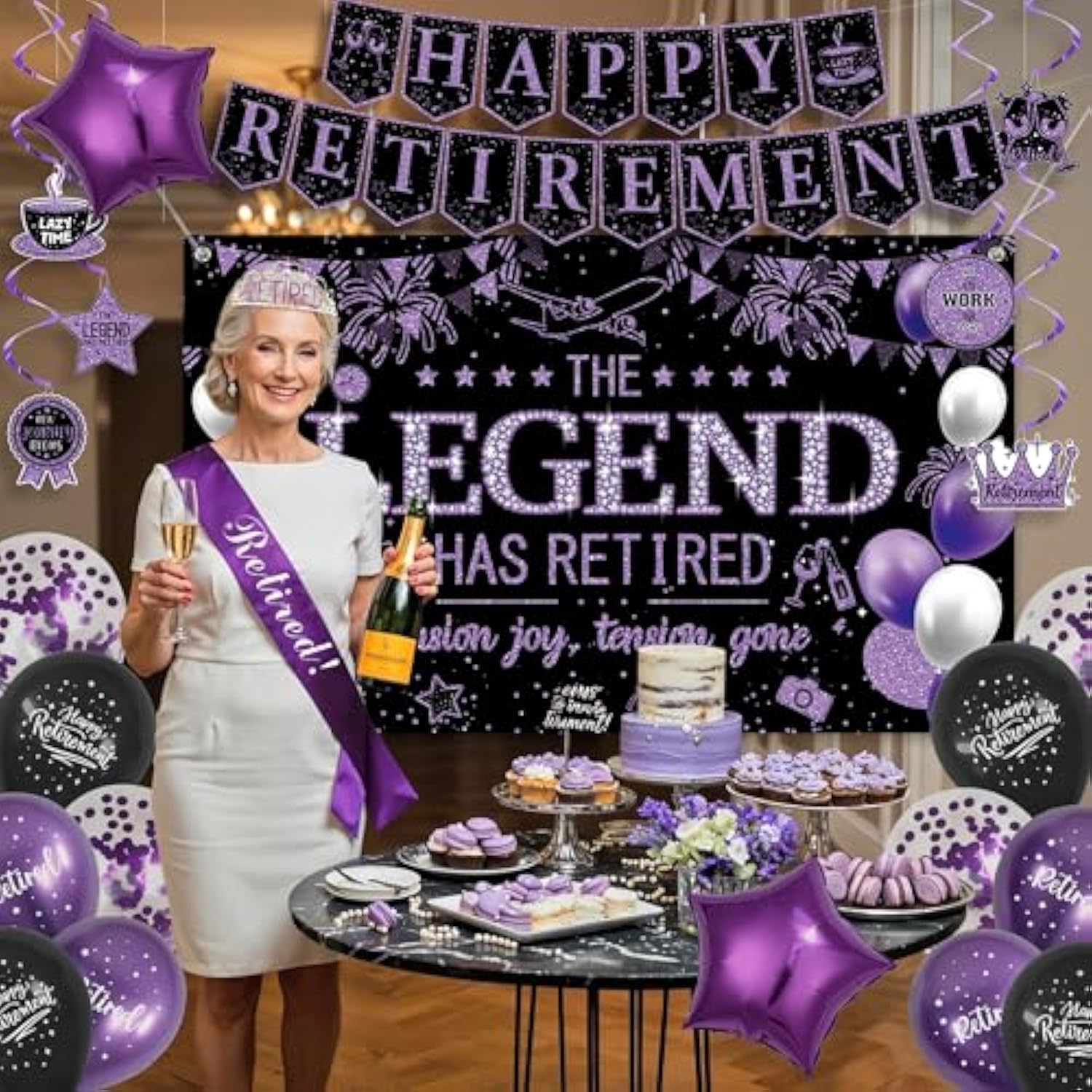 Retirement Party Decorations Women, Black And Purple Happy Retirement Banner Backdrop Balloons Hanging Swirls For Coworker, Lengend Has Retired Sash & Crown, Office Retired Background