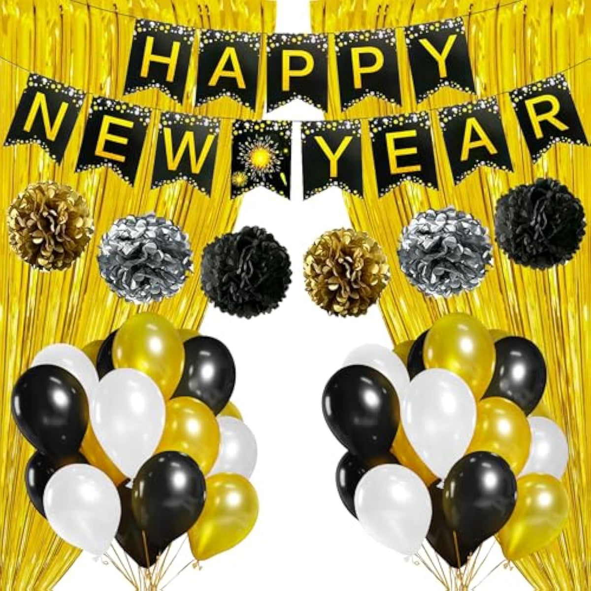 35pc New Year’s Eve 2025 Party Supplies Banner Gold Fringe Curtain