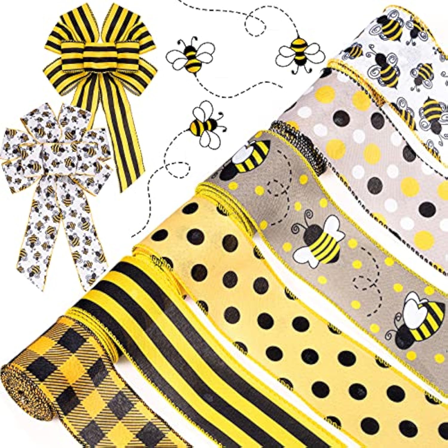 30 Yard Bumble Bee Ribbon 6 Design Yellow Black Dots Plaid Strip Wired