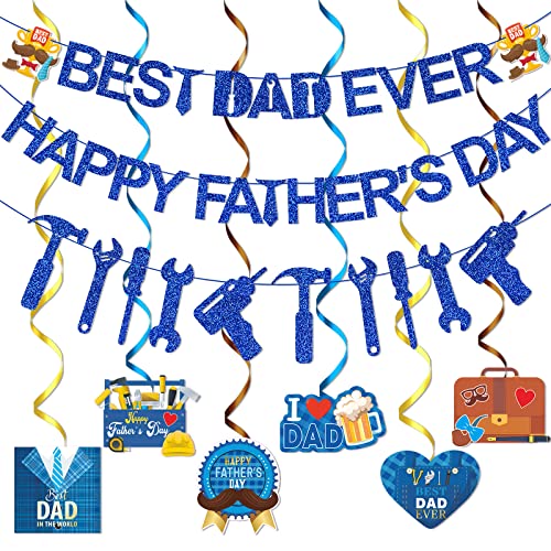 Blue Glitter Best Dad Ever Happy Father's Day Banner Fathers Day Decorations for Party Fathers Day Party Decorations Happy Fathers Day Banner Decorations Happy Fathers Day Decorations for Office Super