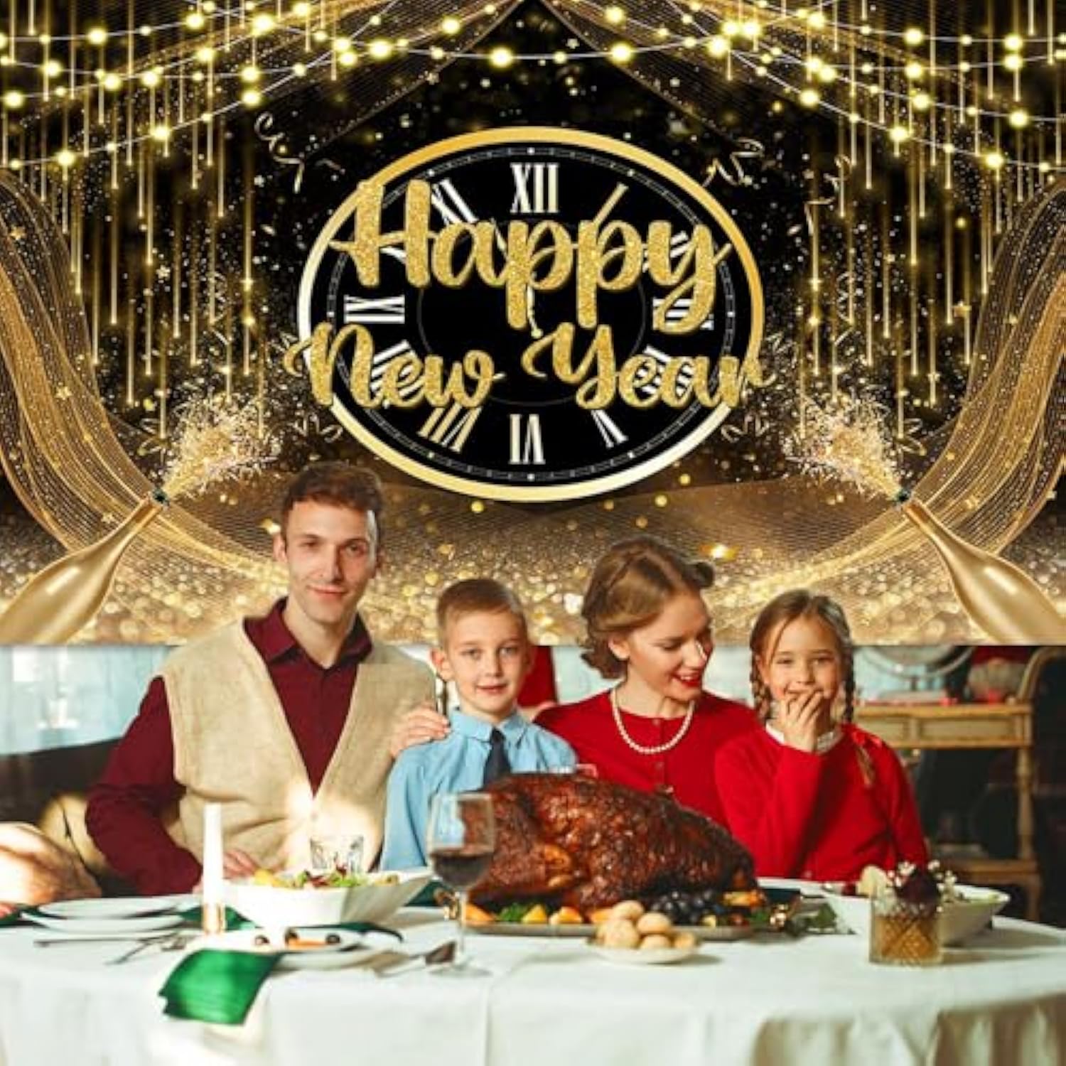 7x5ft Happy New Year 2026 Backdrop Black & Gold Glitter Party Banner