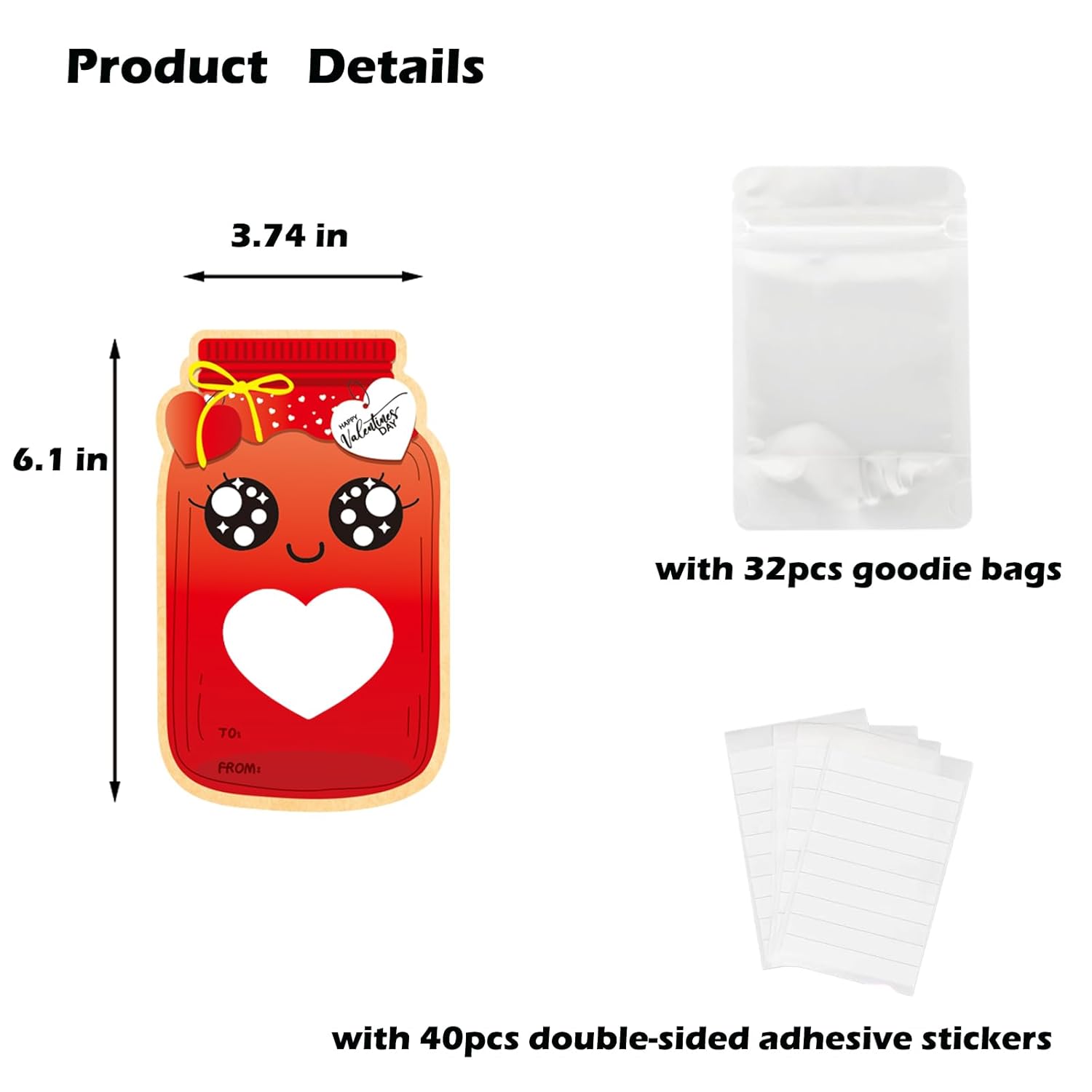 Valentines Day Cards For Kids, 32 Pack Mason Jar Happy Valentines Day Gift Cards With Transparent Candy Bags For Valentines Exchange School Classroom Party Favors Decoration Supplies