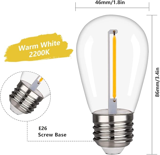 48 Pack S14 LED String Light Bulbs 1W Shatterproof Outdoor Replacement Bulbs E26 Base