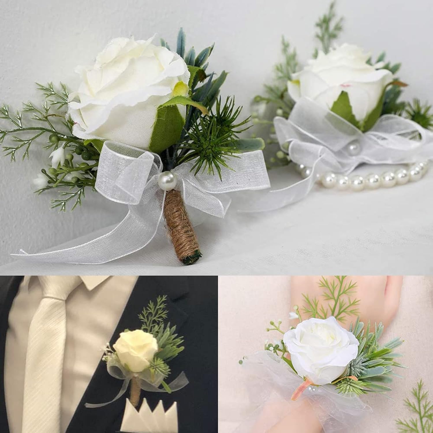 Rose Corsage And Boutonniere Set, 2Pcs Handmade Artificial Flower Bride Wrist Corsage Wristlet Bracelets Wristband Men Boutonniere For Wedding Prom Suit Decorations (A-1 Boutonniere & 1 Wrist Corsage)