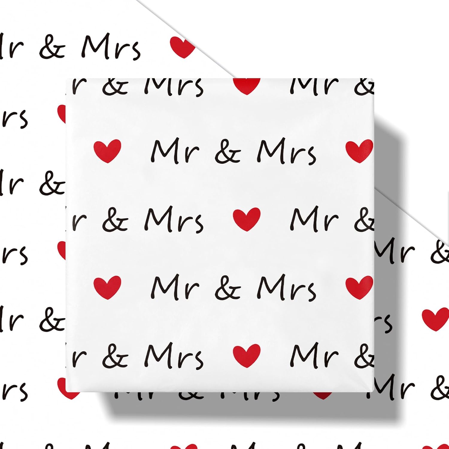 Wedding Wrapping Paper Roll For Couples, Mini Roll, Romantic Mr & Mrs Text With Red Hearts Design, Elegant Gift Wrap For Wedding, Anniversary Bridal Shower, 17 Inches X 16.4 Feet