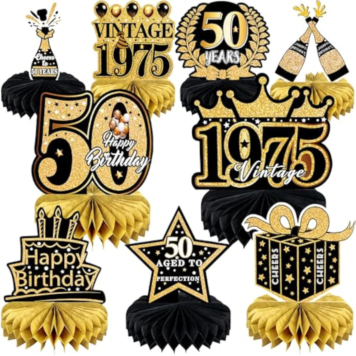 9pcs 50th Birthday Decorations Black Gold Honeycomb Centerpieces for Men Women