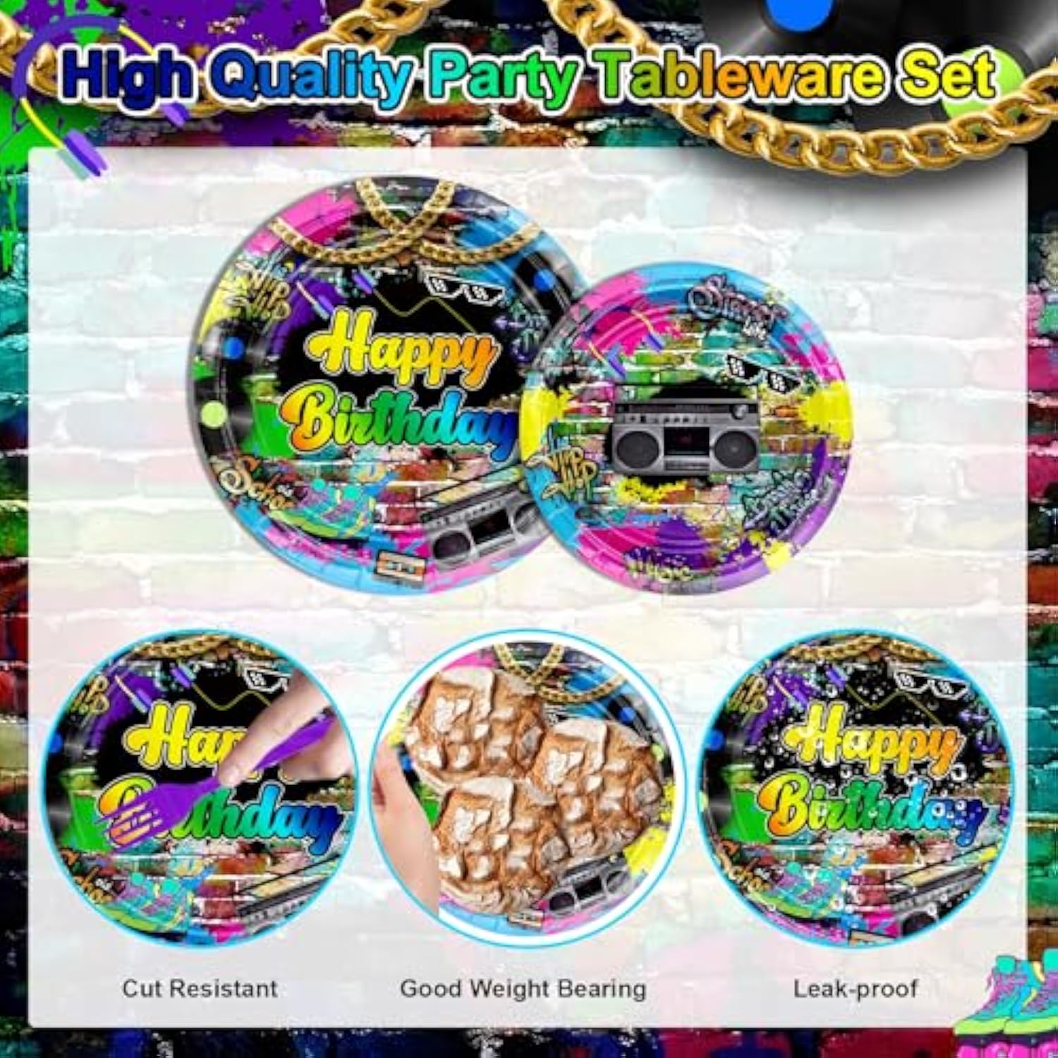 192 Pcs 80’S Party Tableware Set 80S Birthday Hip Hop Party Table Decorations Supplies Retro 80S Theme Paper Plates, Napkins, Cups And Plastic Cutlery For 24 Guests