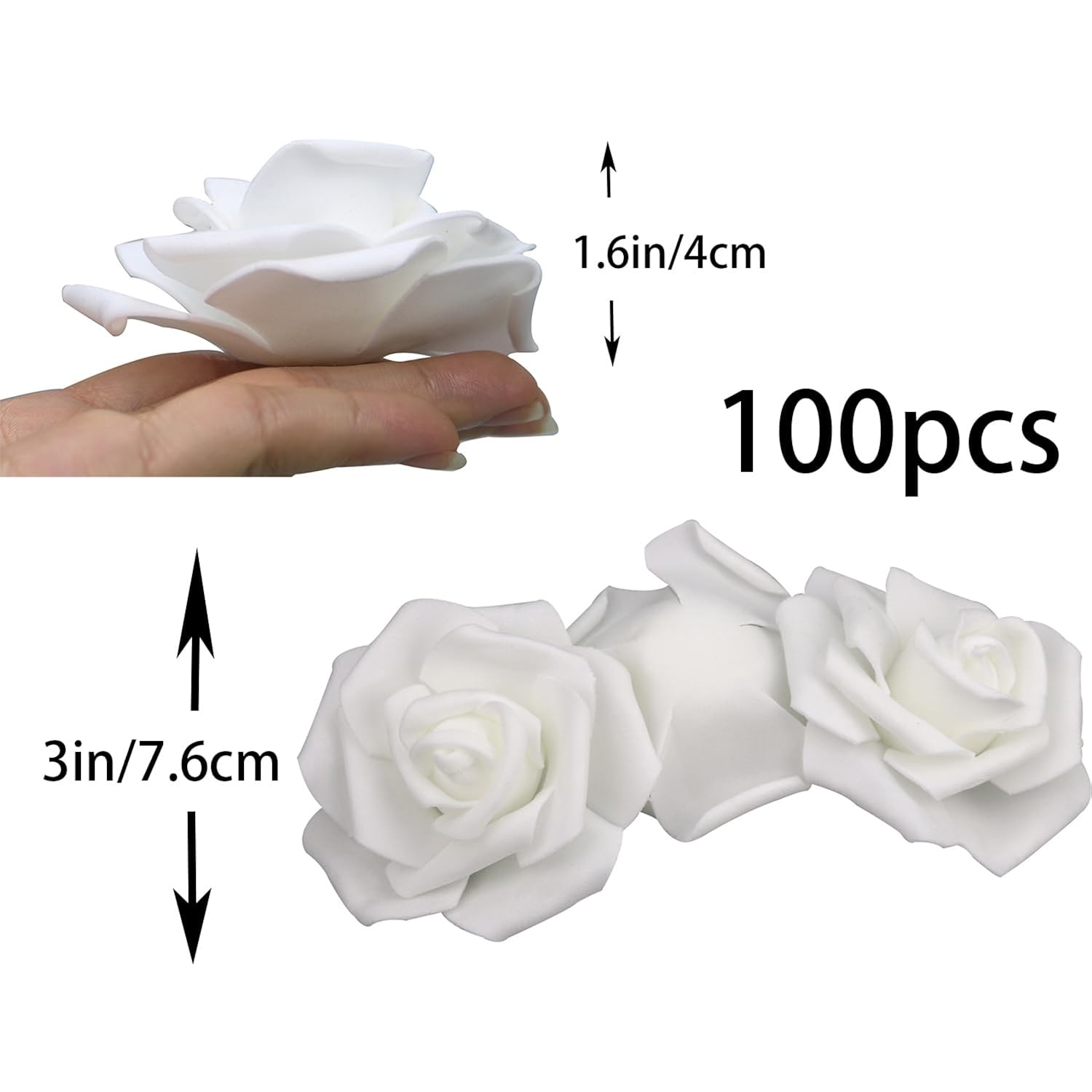 3 X 1.6 X 3 Inches 100Pcs Diy Real Touch 3D Artificial Foam Rose Head Without Stem For Wedding Party Home Decoration (White)