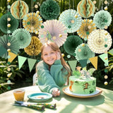 Sage Green Gold Party Decorations, Paper Fans Honeycomb Balls Circle Garlands For Green Theme Birthday Neutral Baby Shower Wedding Graduation Party Decoration Forest Party Supplies